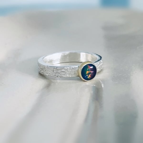 HANDMADE Recycled Sterling silver and 14 carat Solid Gold Opal Triplet Ring.