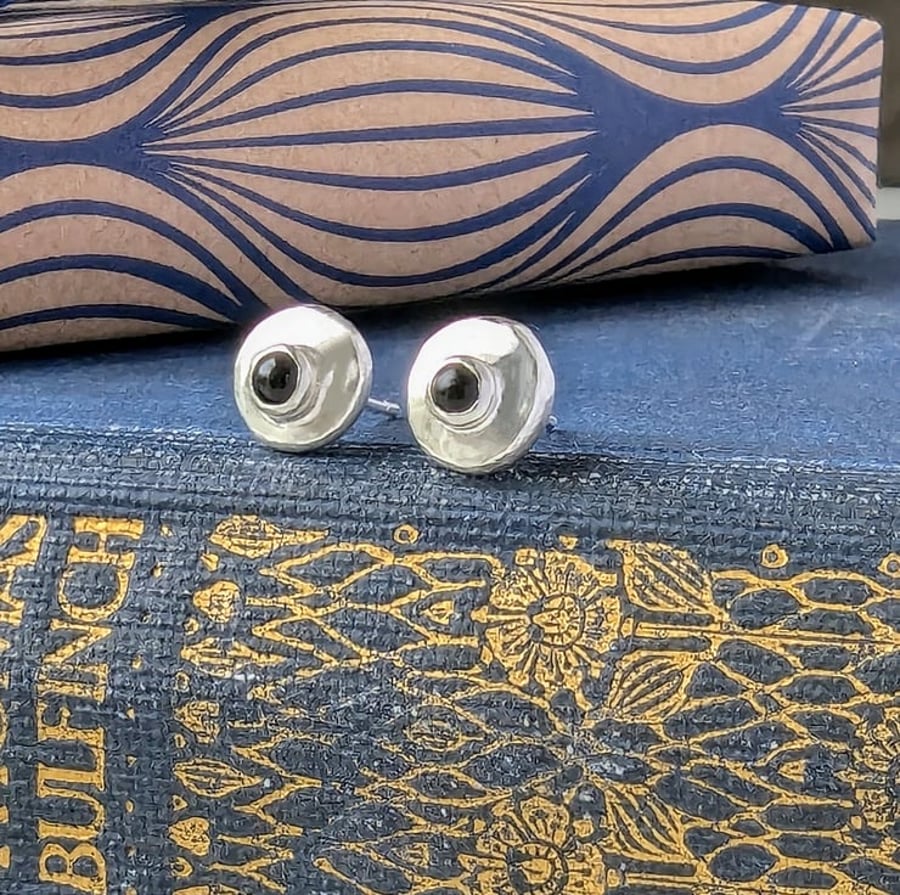 Recycled Sterling Silver stud earrings, silver black onyx stud earrings