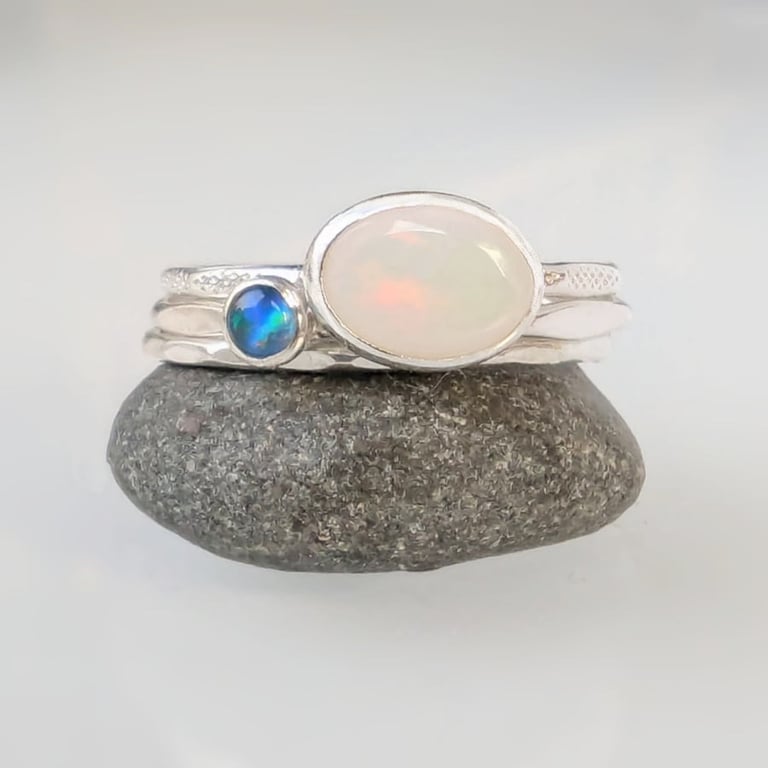 NATURAL OPAL STACK Recycled HANDMADE Sterling Silver Stacking Rings