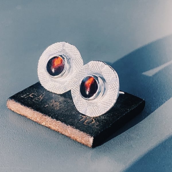 Sterling Silver Garnet Textured Stud Earrings, Handmade Urban Design Jewellery