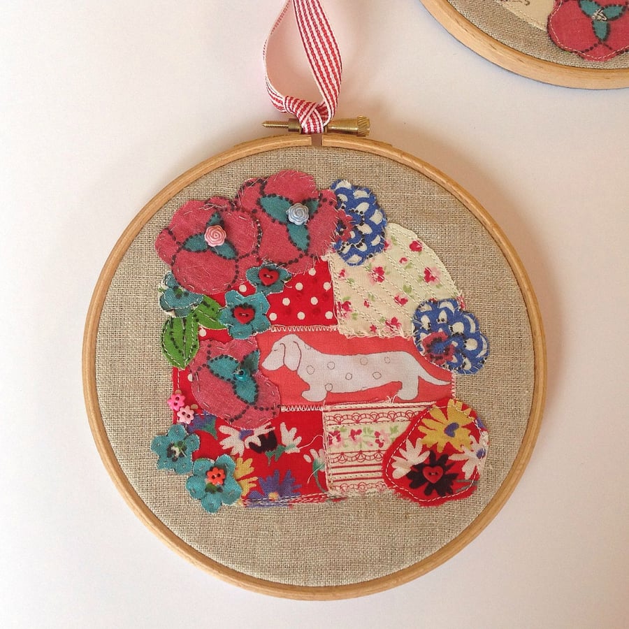 SALE Dachshund Dog Design Hand Stitched Fabric Hoop Picture