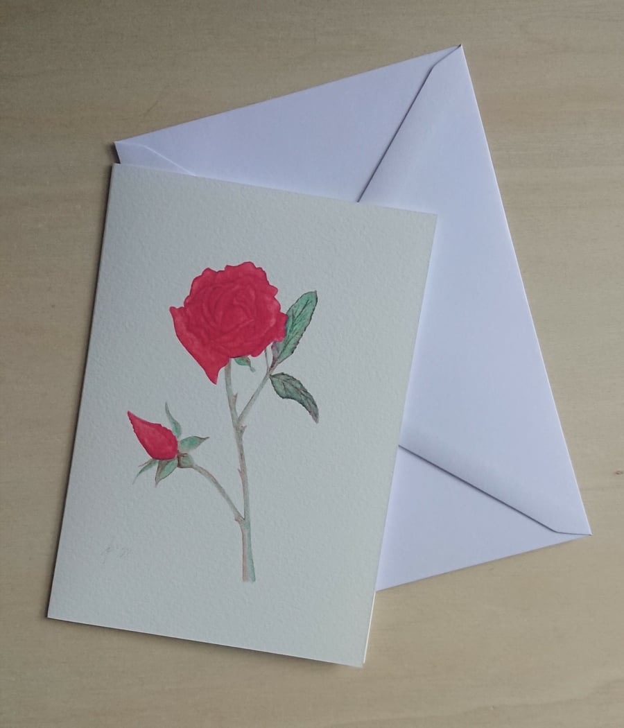 Red Rose handmade card, a print of original artwork