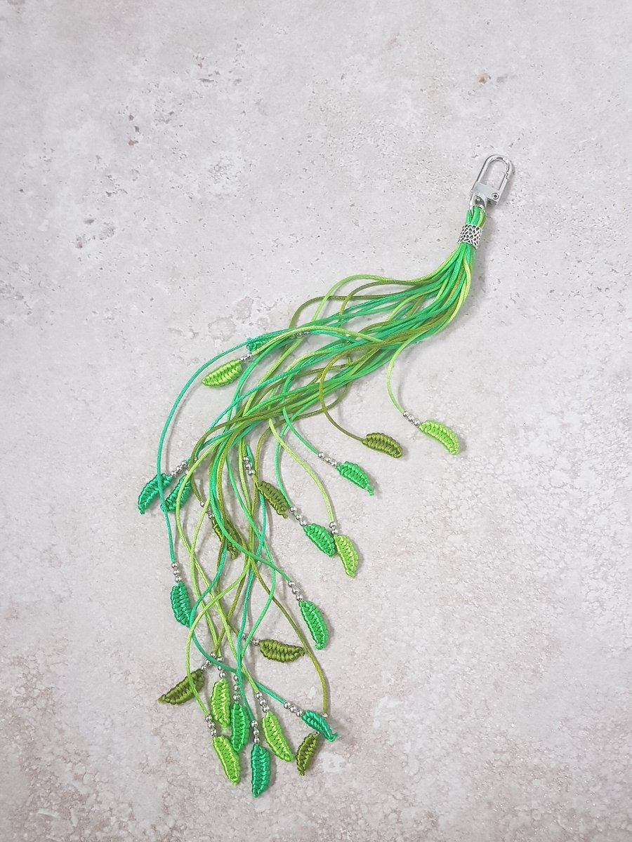 Green Boho Bag Charm, Botanical Accessories, Long Beaded Macrame Tassel