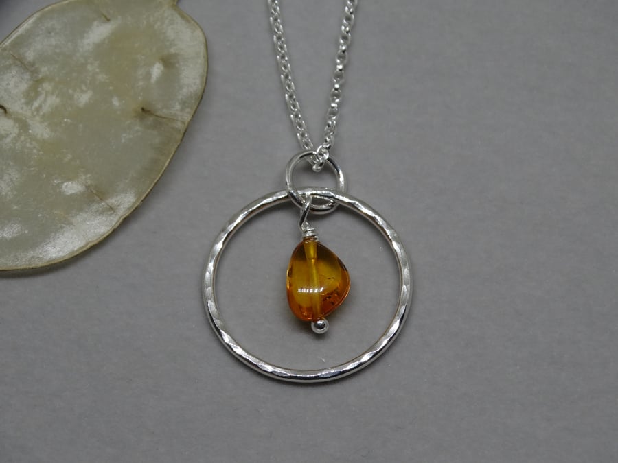 Silver amber hoop pendant - gemstone - recycled sterling silver