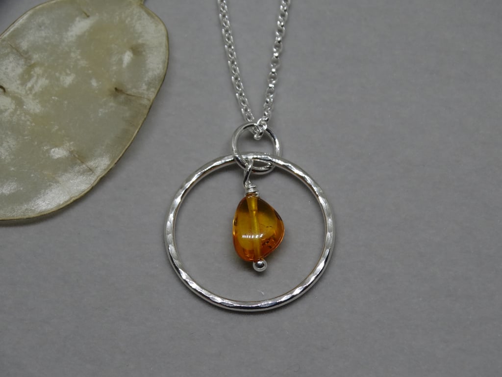 Silver amber hoop pendant - gemstone - recycled sterling silver