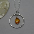 Silver amber hoop pendant - gemstone - recycled sterling silver
