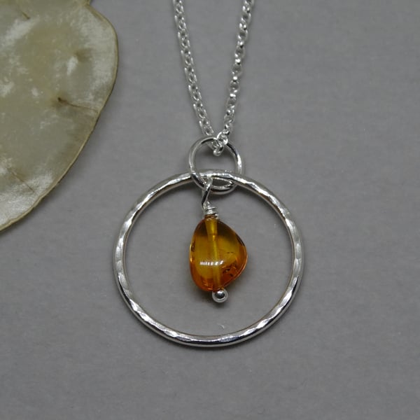 Silver amber hoop pendant - gemstone - recycled sterling silver
