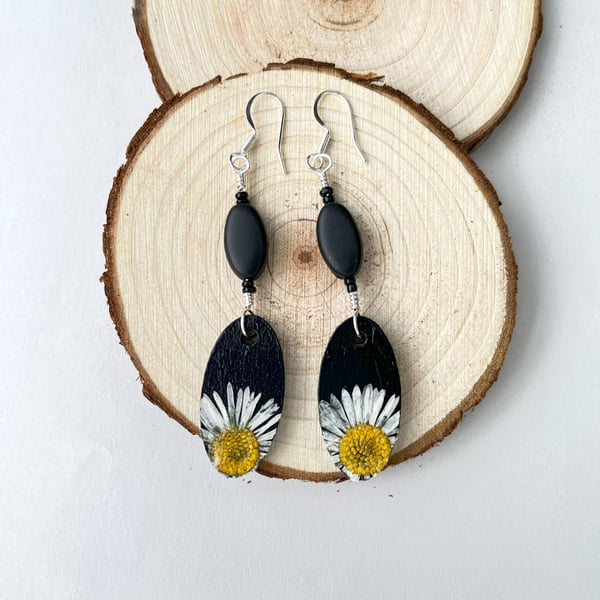 Real Daisy Black Dangle Wood, Beads, Sliver Plated Earrings