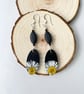 Real Daisy Black Dangle Wood, Beads, Sliver Plated Earrings - Image 1
