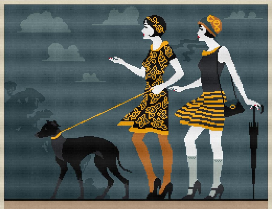184 - Art Deco style flapper ladies walking their dog - Cross Stitch Pattern