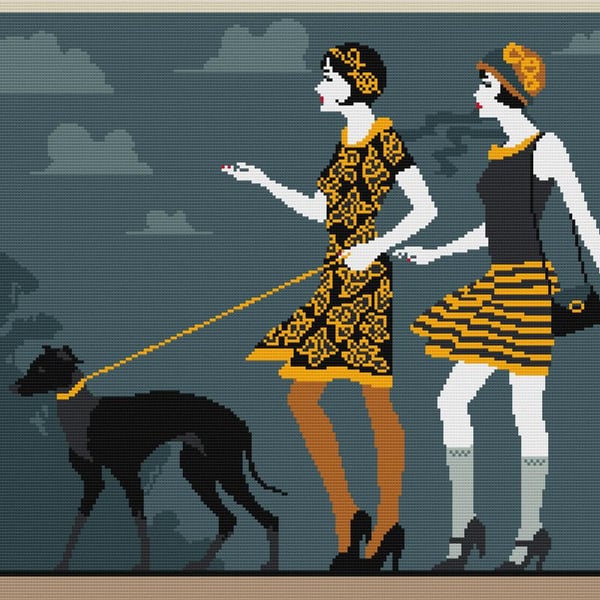 184 - Art Deco style flapper ladies walking their dog - Cross Stitch Pattern