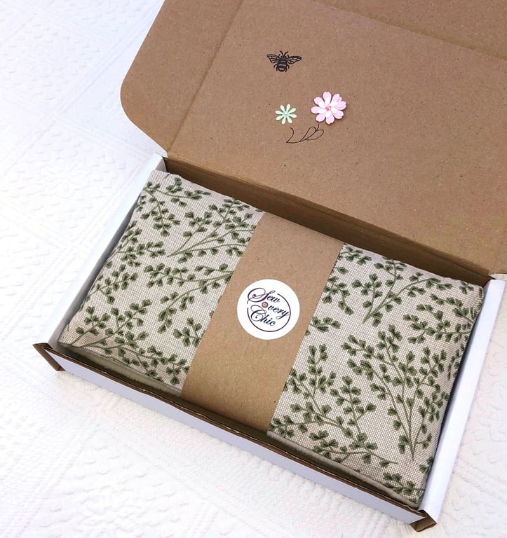 Wheat Bag Green Leaves Linen fabric Gift Set ivory fleece reverse  