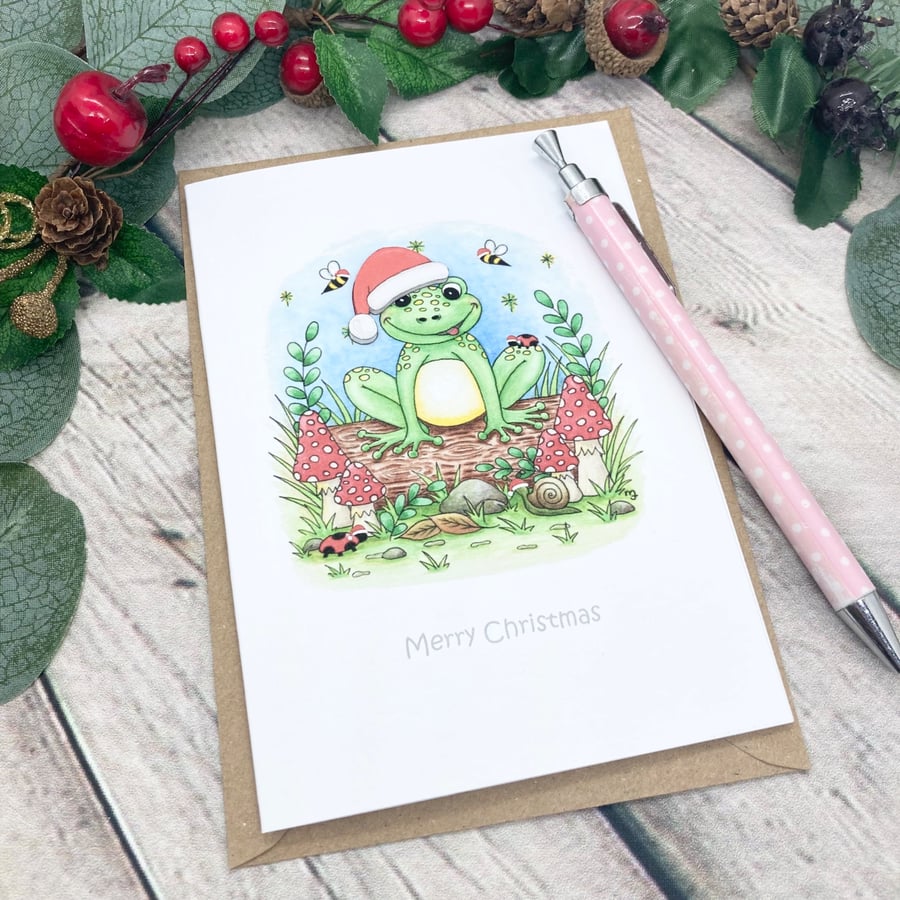 Christmas Frog on a log Card - Handmade Christmas Card - Cute Frog