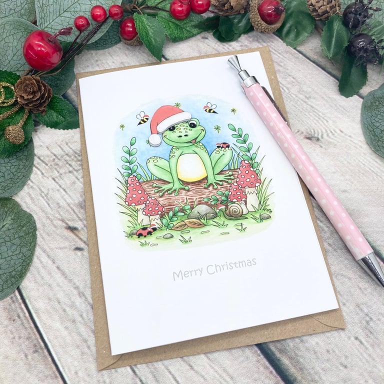 Christmas Frog on a log Card - Handmade Christmas Card - Cute Frog