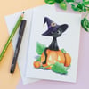 Halloween Black Cat Illustrated Birthday Greetings Card