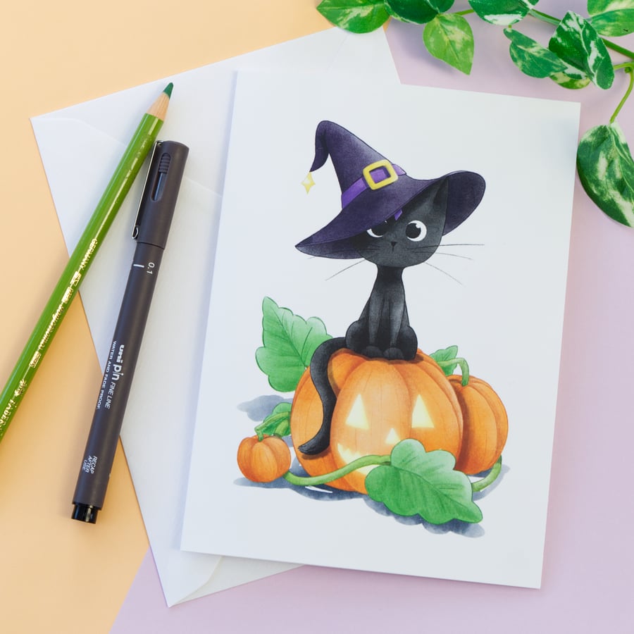 Black Cat Halloween Card Halloween Birthday Card Cat Card