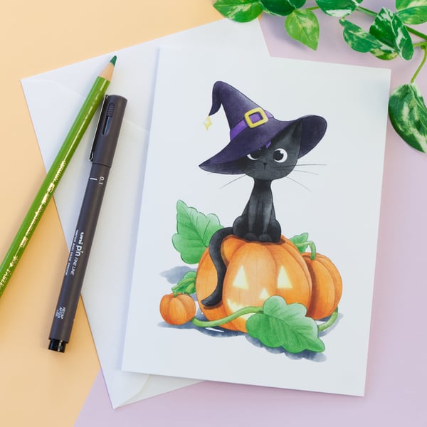 Black Cat Halloween Card Halloween Birthday Card Cat Card