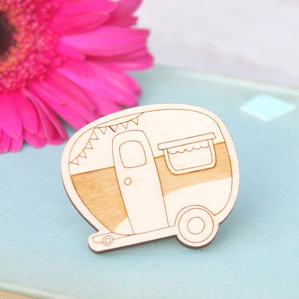 Wooden Caravan Brooch