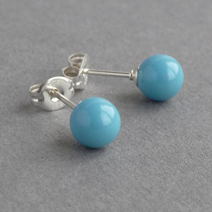 Sea Blue Swarovski Pearl Stud Earrings - Simple Turquoise Round Studs - Gifts