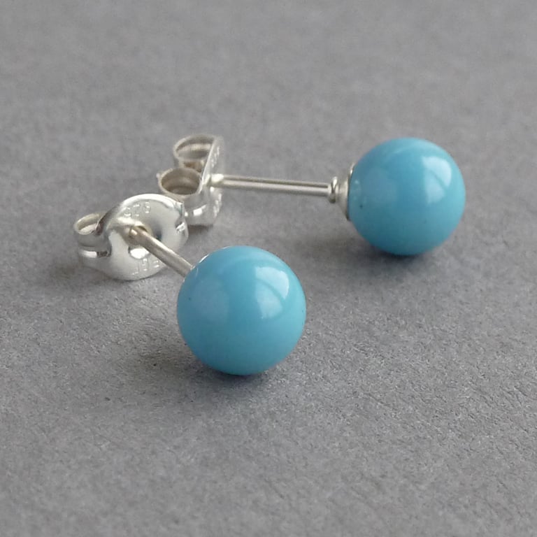 Sea Blue Glass Pearl Stud Earrings - Simple Turquoise Round Studs - Jewellery