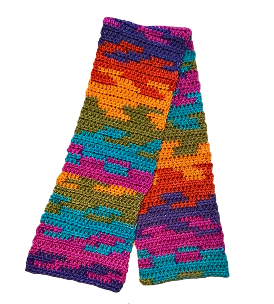 Beautiful Hand crocheted rainbow coloured warm winter scarf