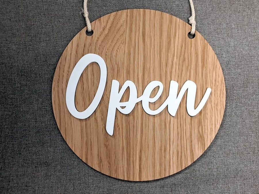 Open and Closed 2-side shop sign door oak wood and acrylic we are closed double 
