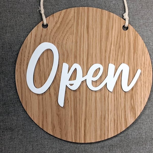 Open and Closed 2-side shop sign door oak wood and acrylic we are closed double 