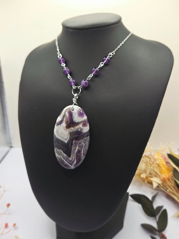 Large Banded Amethyst Pendant Necklace, Purple Beaded Handmade Jewellery Gift