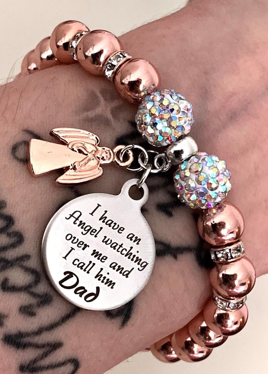 Dad Angel Heaven Memorial Rose Gold Hematite Shamballa Bracelet 