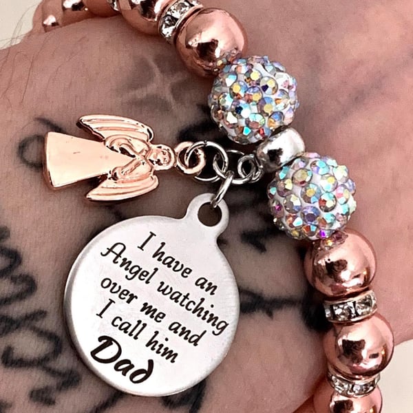Dad Angel Heaven Memorial Rose Gold Hematite Shamballa Bracelet 