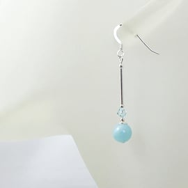 Aqua Blue Jade Earrings With Sterling Silver Tubes & Austrian Crystals
