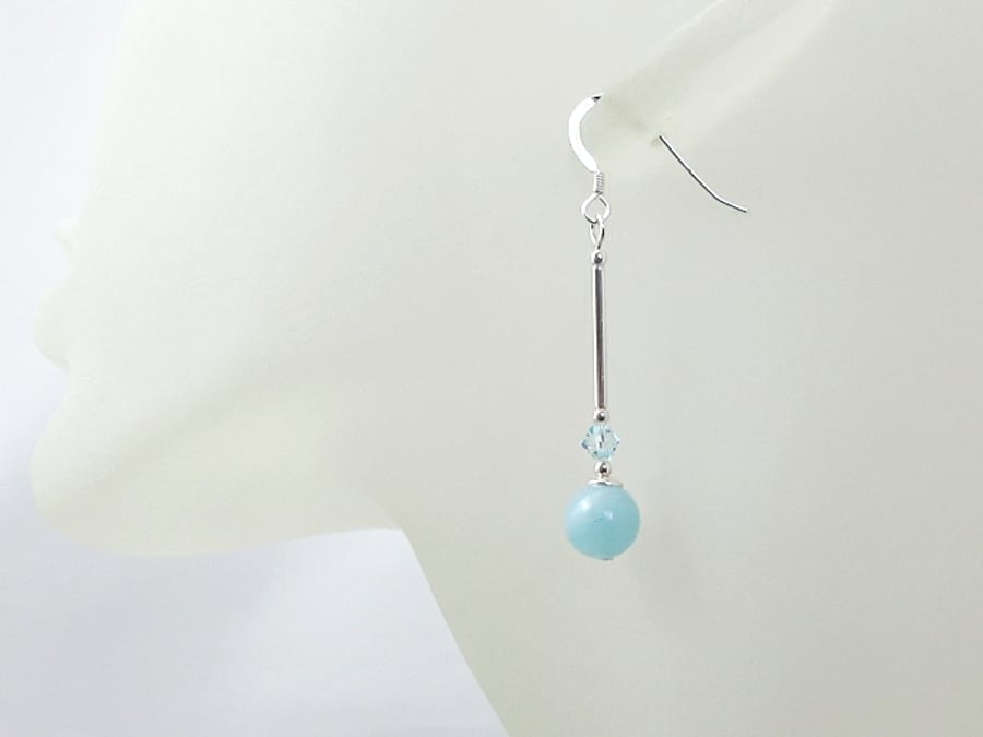 Aqua Blue Jade Earrings With Sterling Silver Tubes & Austrian Crystals