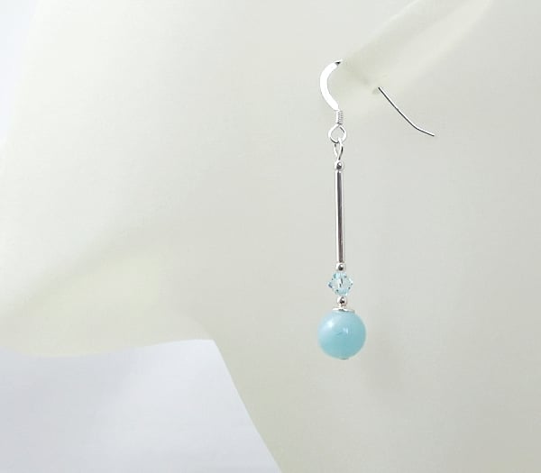 Aqua Blue Jade Earrings With Sterling Silver Tubes & Austrian Crystals