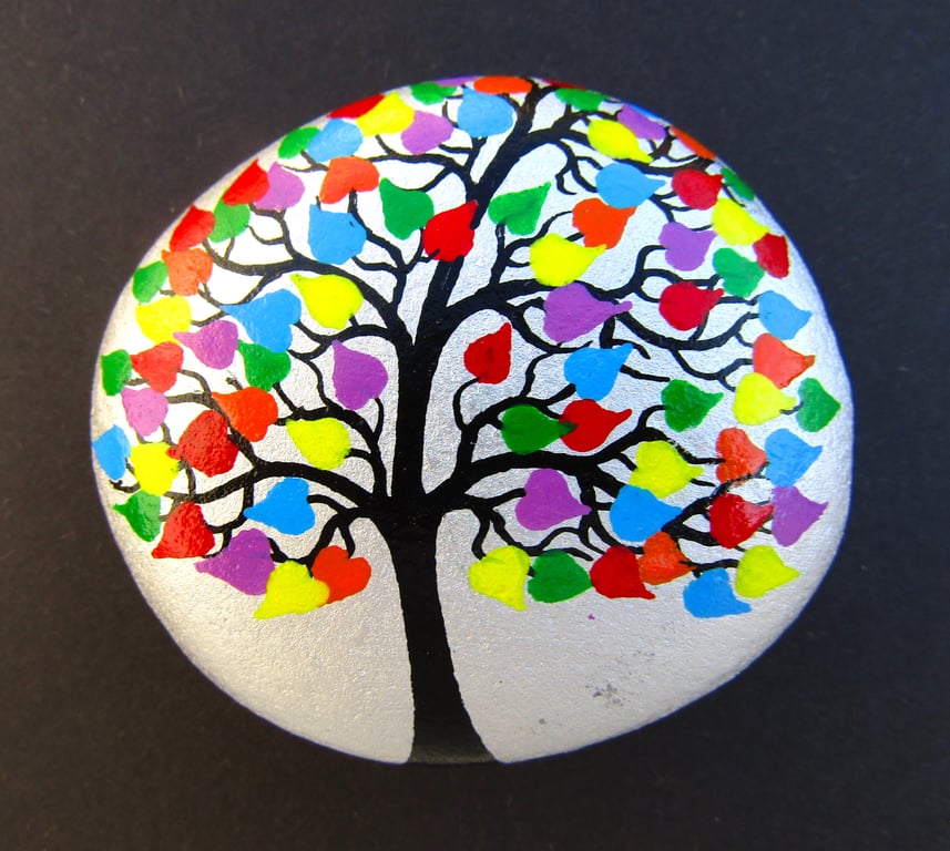Tree Stone Painting, Love Gift, Hand Painted Pebble, LGBTQ, Anniversary Hearts