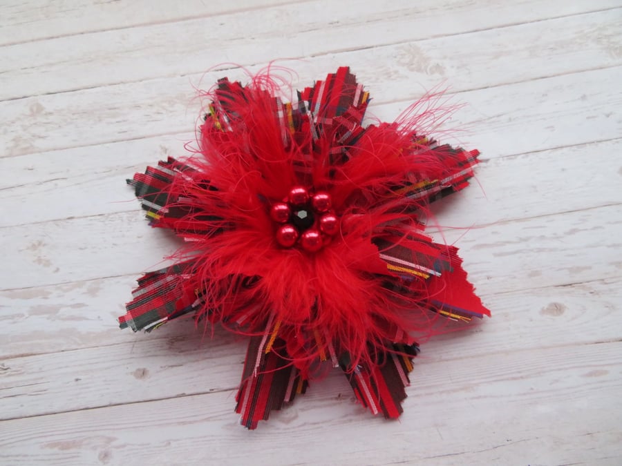 Royal Stewart Tartan Red Vintage Retro Style Flower Hair Clip or Brooch