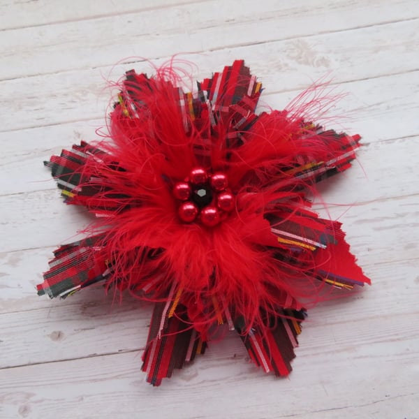 Royal Stewart Tartan Red Vintage Retro Style Flower Hair Clip or Brooch