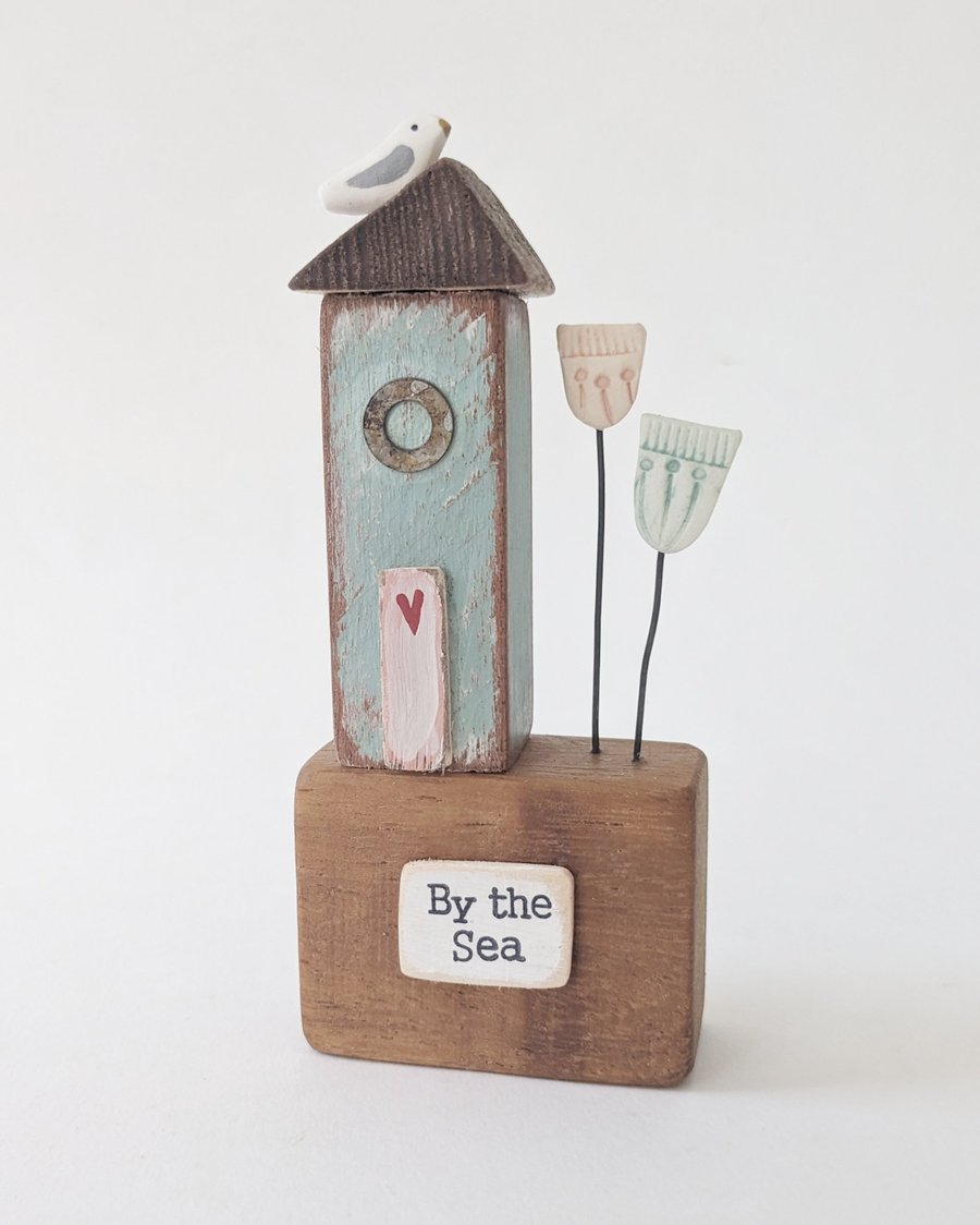 Tall Wooden Sea Hut with Clay Flower and Seagull 'By the Sea'