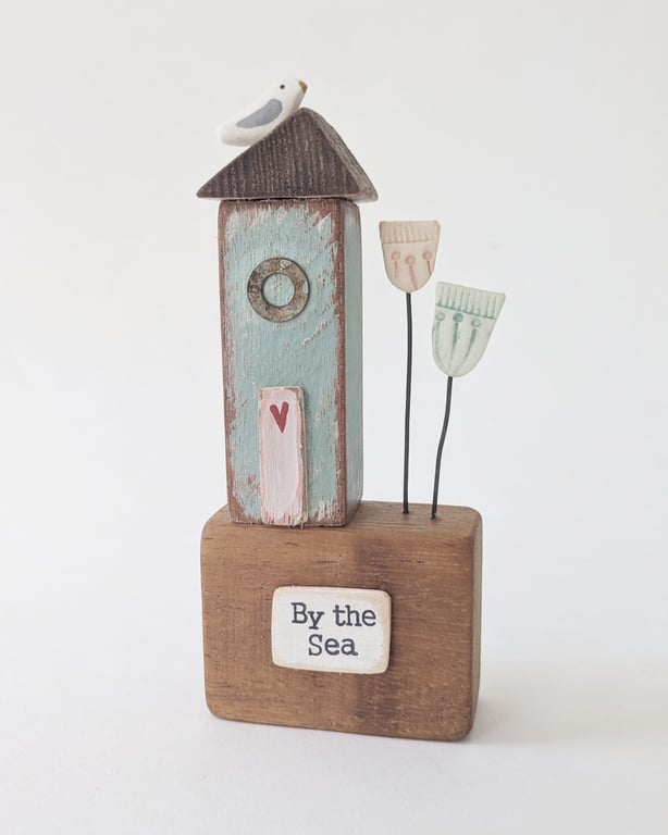 Tall Wooden Sea Hut with Clay Flower and Seagull 'By the Sea'