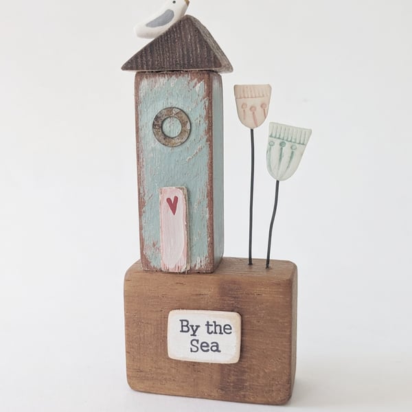Tall Wooden Sea Hut with Clay Flower and Seagull 'By the Sea'