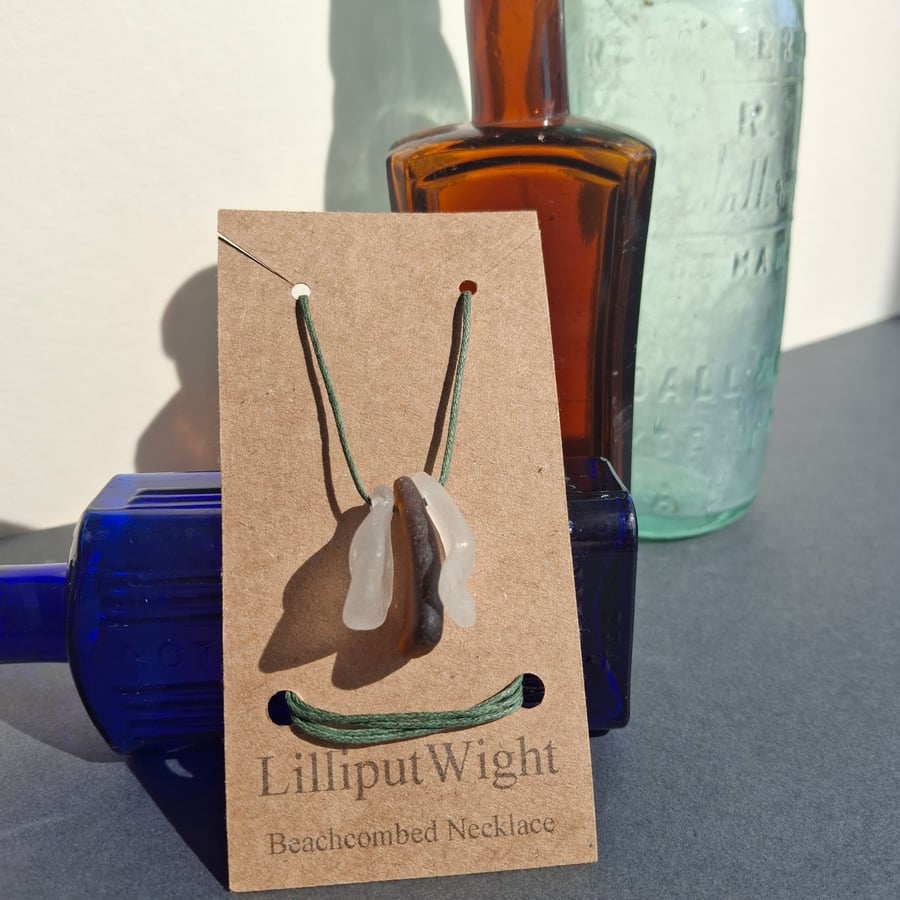 Beachcombed Necklace, Brown and White Sea Glass and Cotton Cord 
