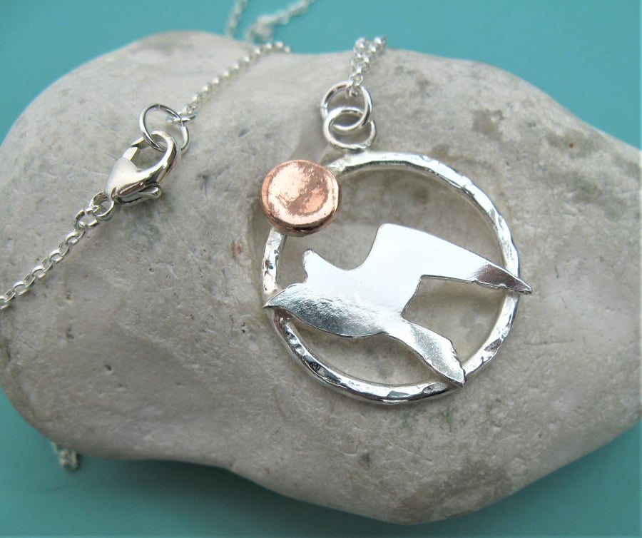Silver seagull pendant with copper sun - hallmarked