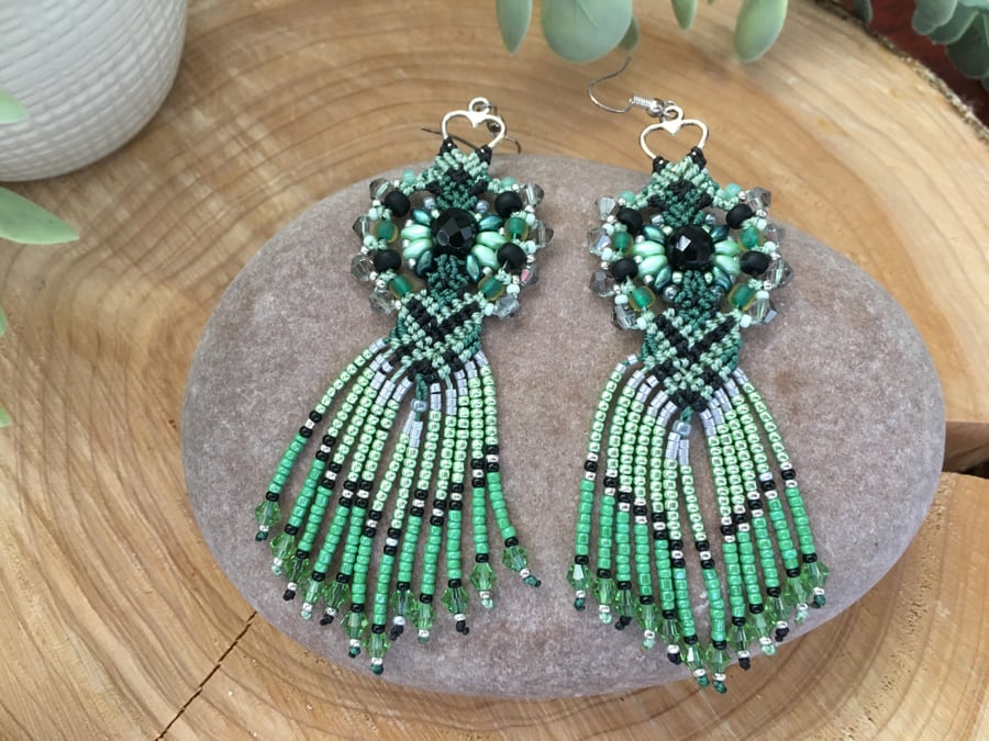 Stunning green and black beaded dangle fringe earrings, gift for boho girl