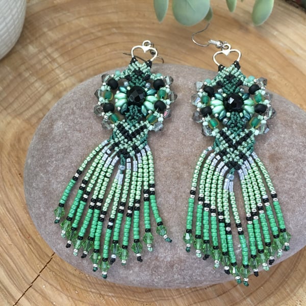Stunning green and black beaded dangle fringe earrings, gift for boho girl