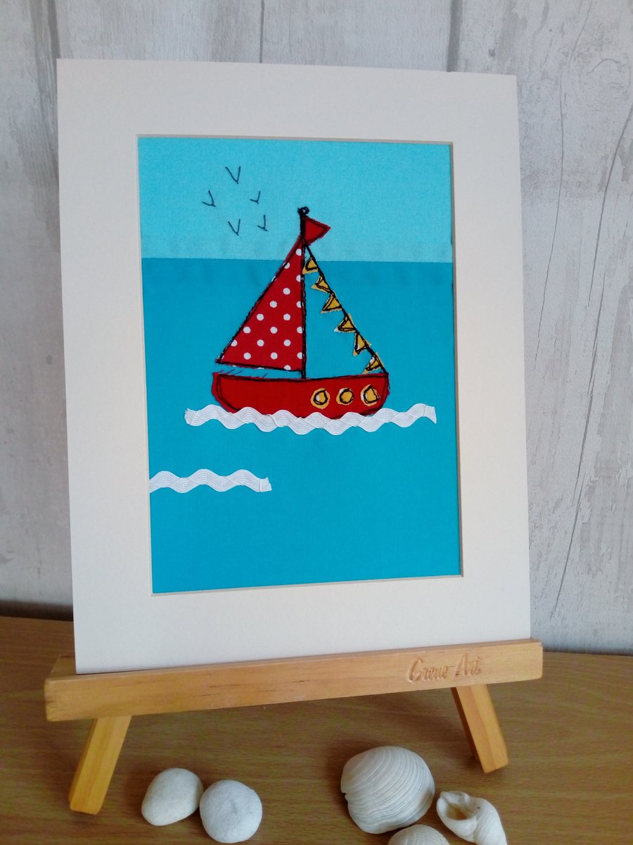 Little Red Boat Embroidered Textile Art