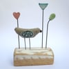 SALE - Little Fabric Bird with Clay Flower, Leaf, and Heart
