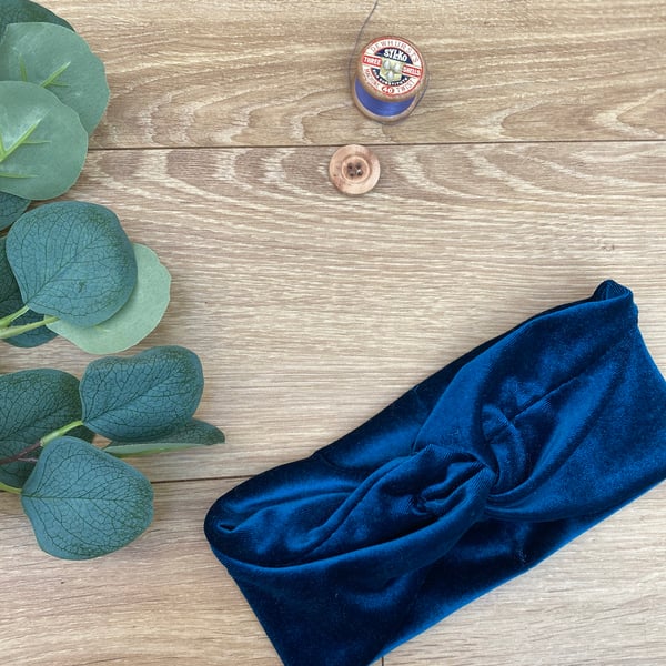 Blue Top Knot Jersey Headband, stretchy Alice Band, Adult, Boho Chic 