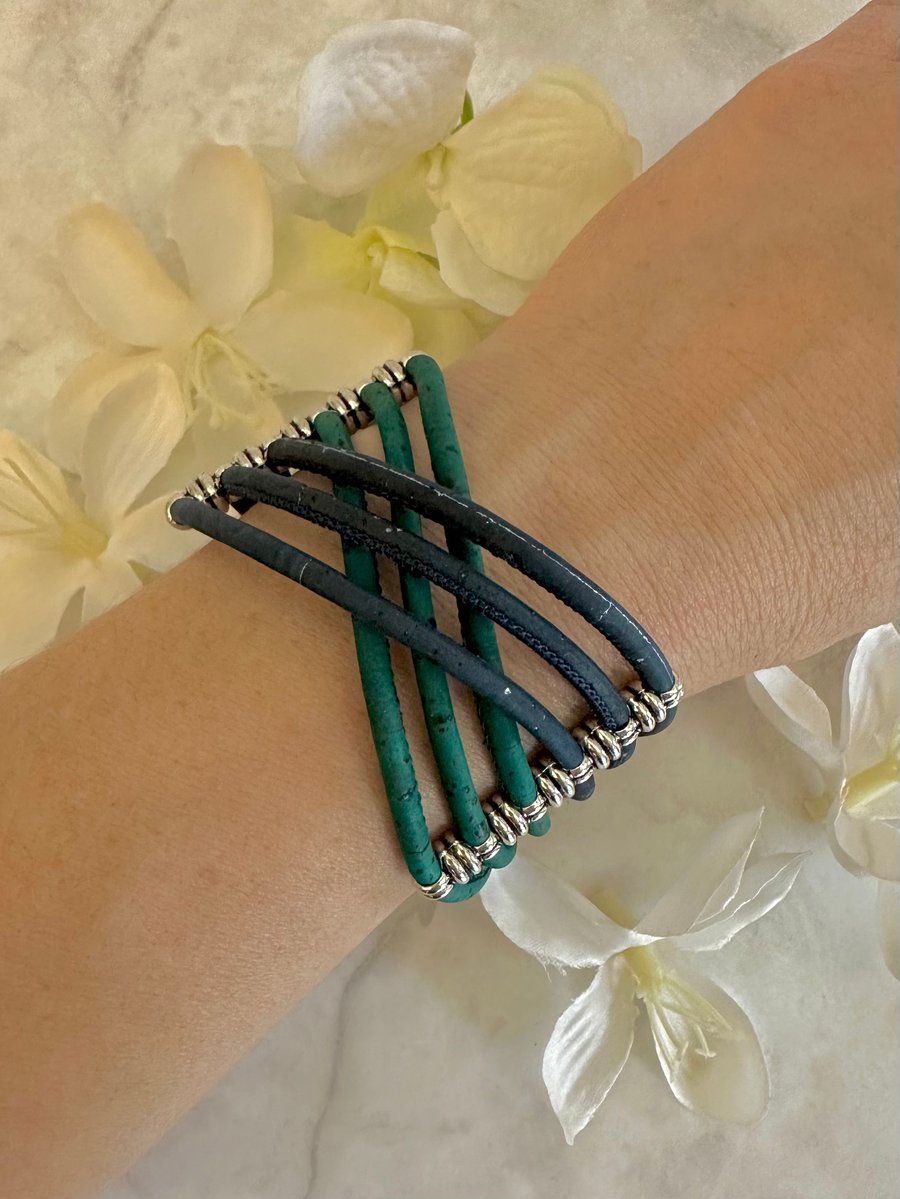 Natural Cork 'Leather' 6-Strand Crossover Bracelet - Navy Lake