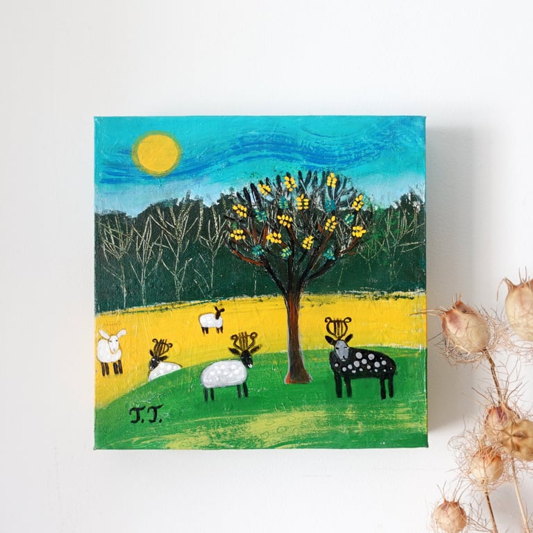 Whimsical Landscape with Sheep and Lyre, Countryside Painting, Cottage Style