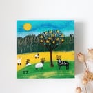 Whimsical Landscape with Sheep and Lyre, Countryside Painting, Cottage Style