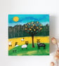 Whimsical Landscape with Sheep and Lyre, Countryside Painting, Cottage Style